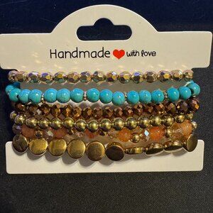 ✨ Handmade Beaded Bracelet Set – Turquoise & Gold Boho Stack ✨
